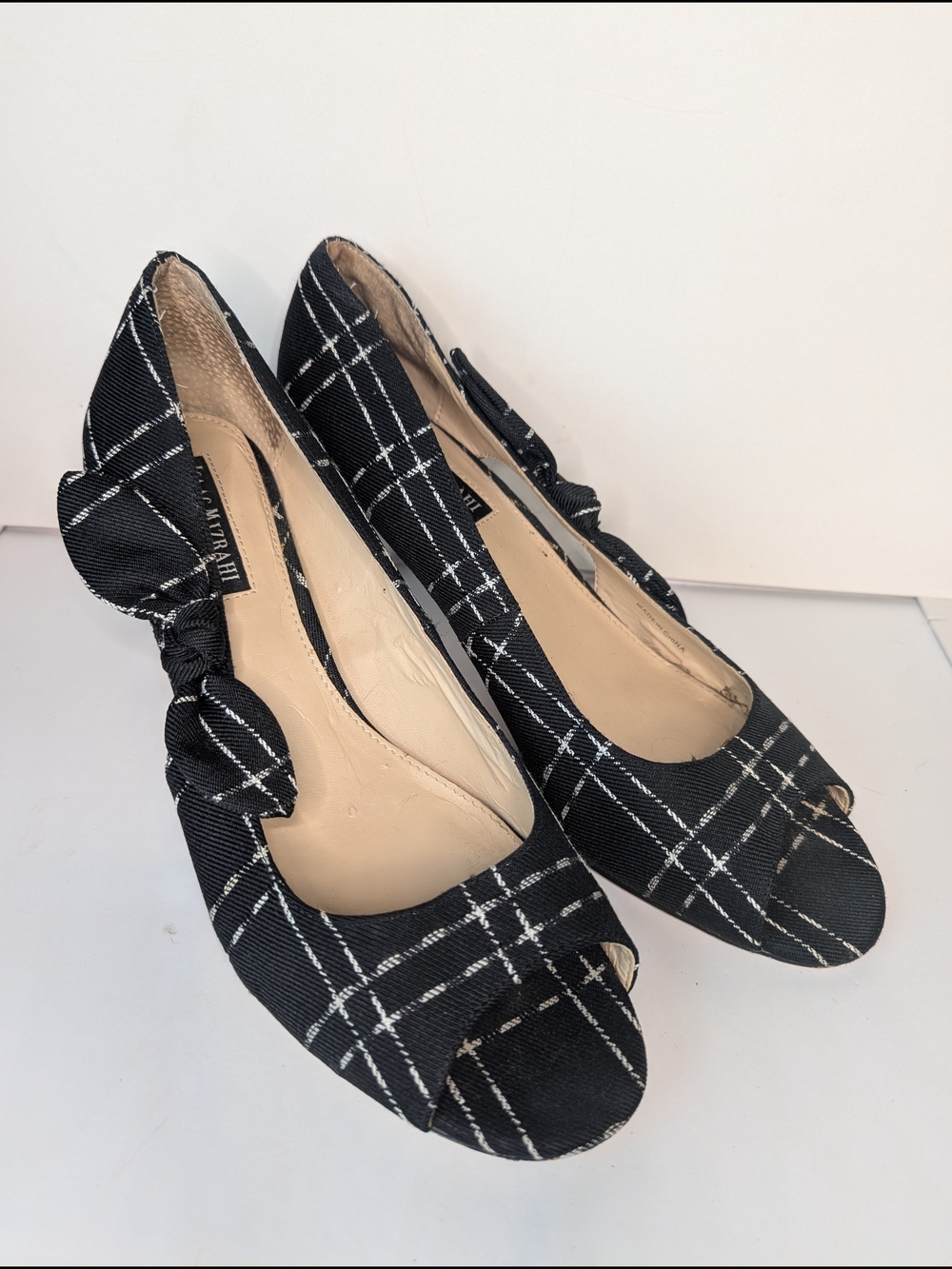 Isaac Mizrahi Black Plaid Peep-Toe Pumps with Side Bow
